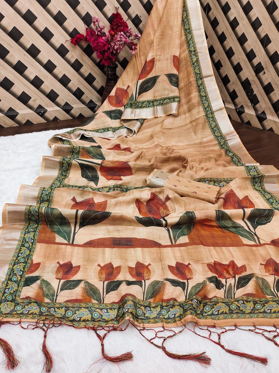 Best Cream Printed Cotton Linen Saree for Women
