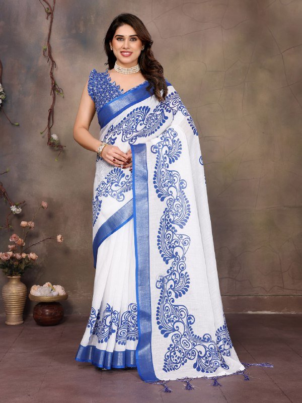Blue And White Printed Cotton Linen Saree