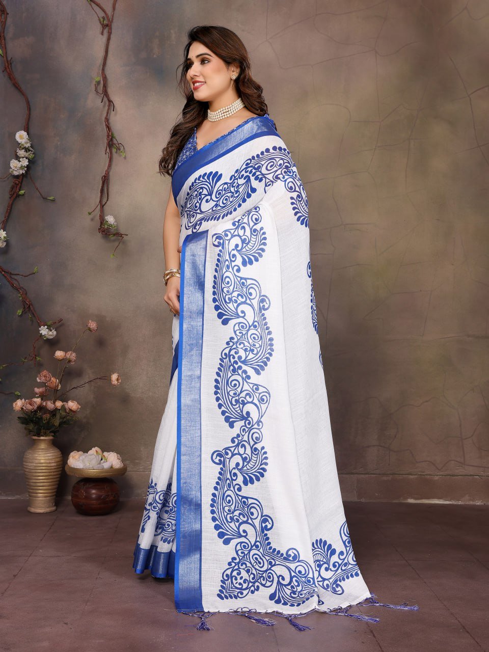 Blue And White Printed Cotton Linen Saree