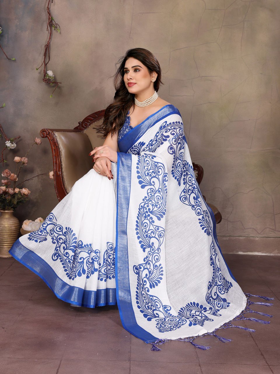Blue And White Printed Cotton Linen Saree