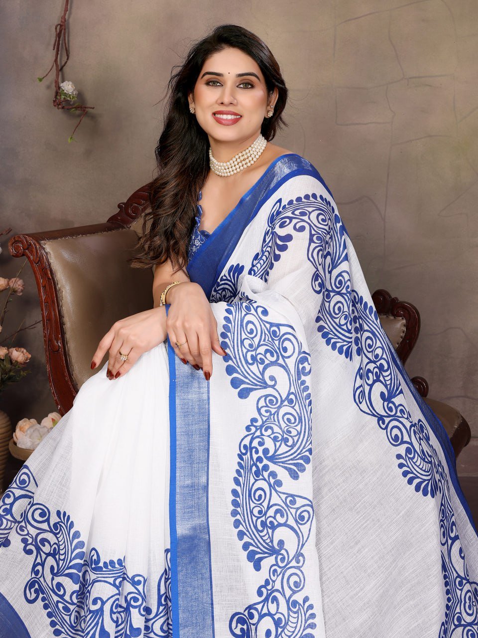 Blue And White Printed Cotton Linen Saree