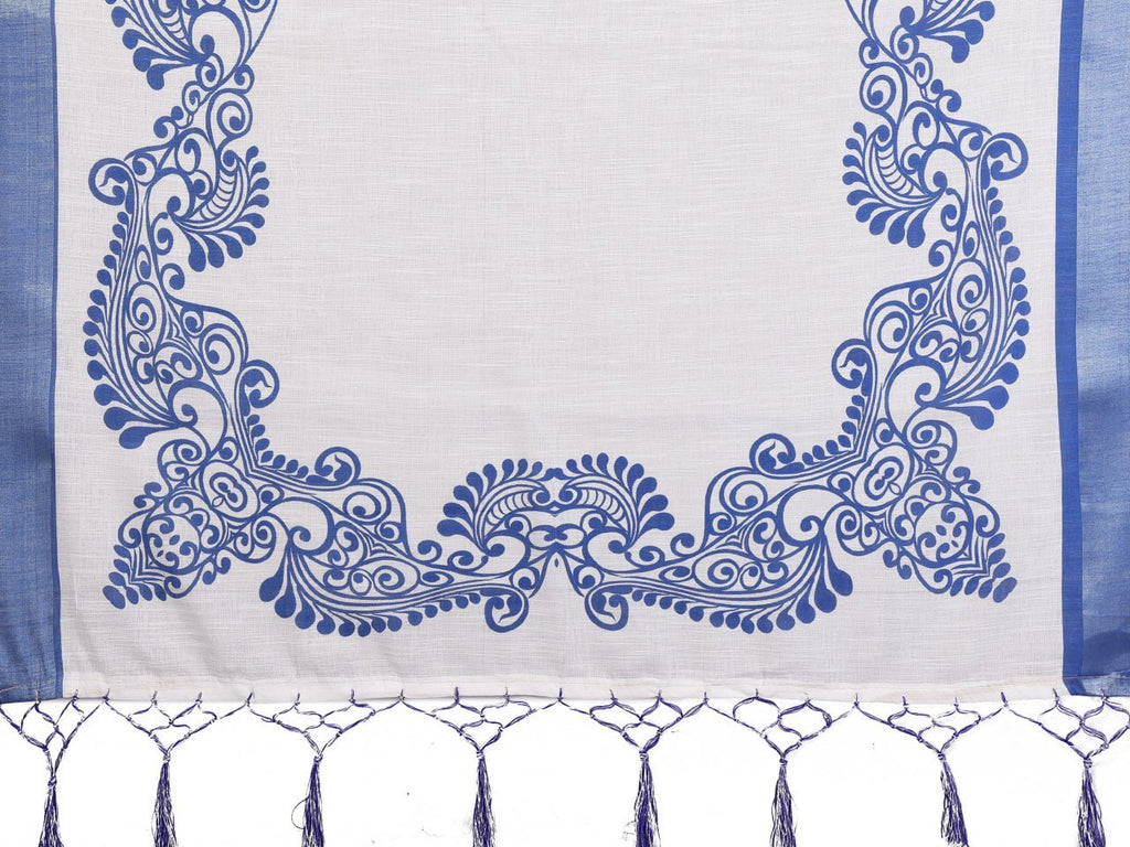 Blue And White Printed Cotton Linen Saree
