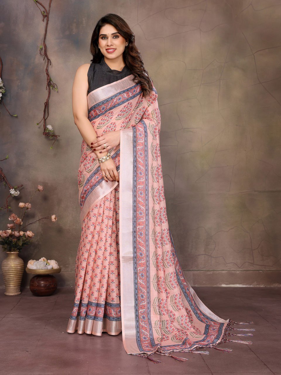 Peach Printed Cotton Linen Saree