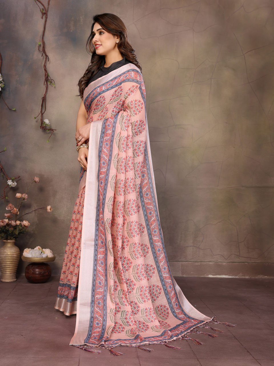 Peach Printed Cotton Linen Saree