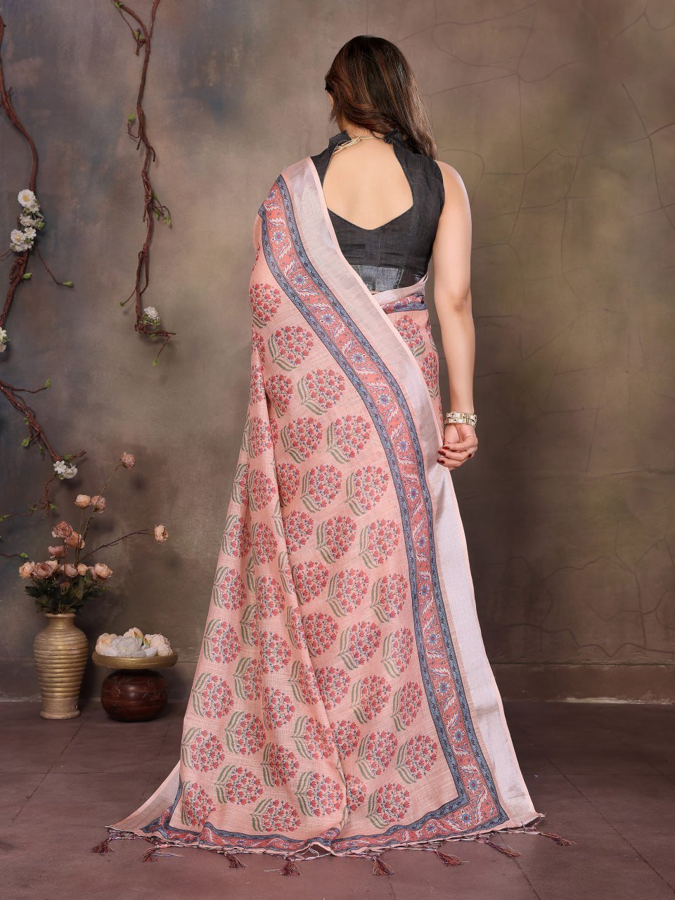 Peach Printed Cotton Linen Saree