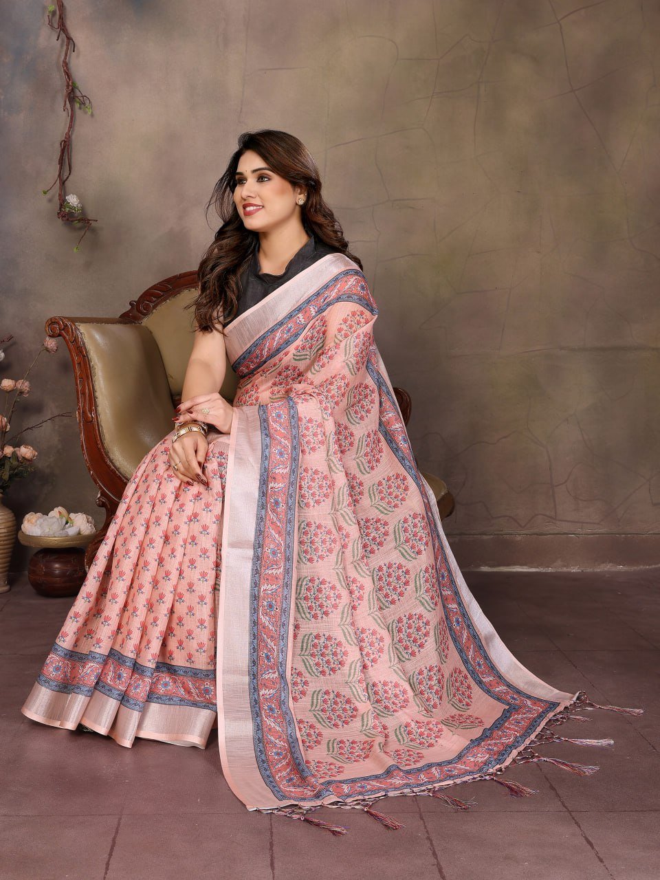 Peach Printed Cotton Linen Saree