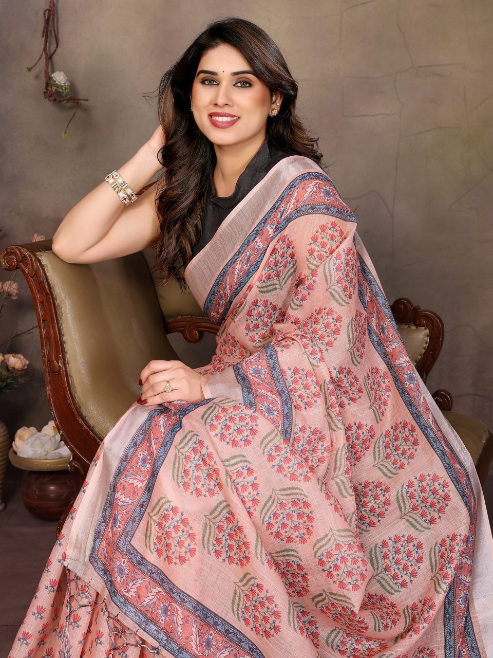 Peach Printed Cotton Linen Saree