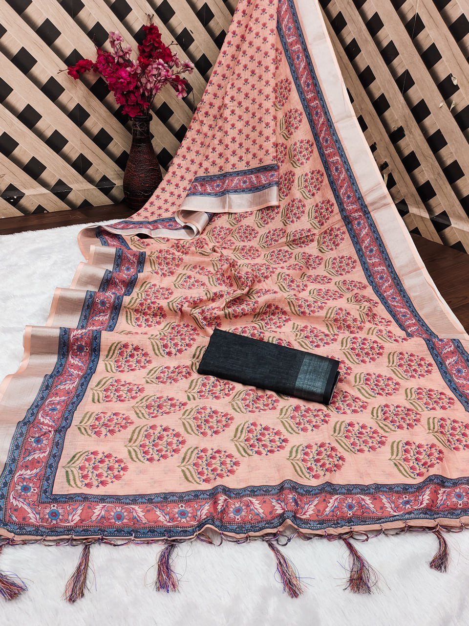 Peach Printed Cotton Linen Saree