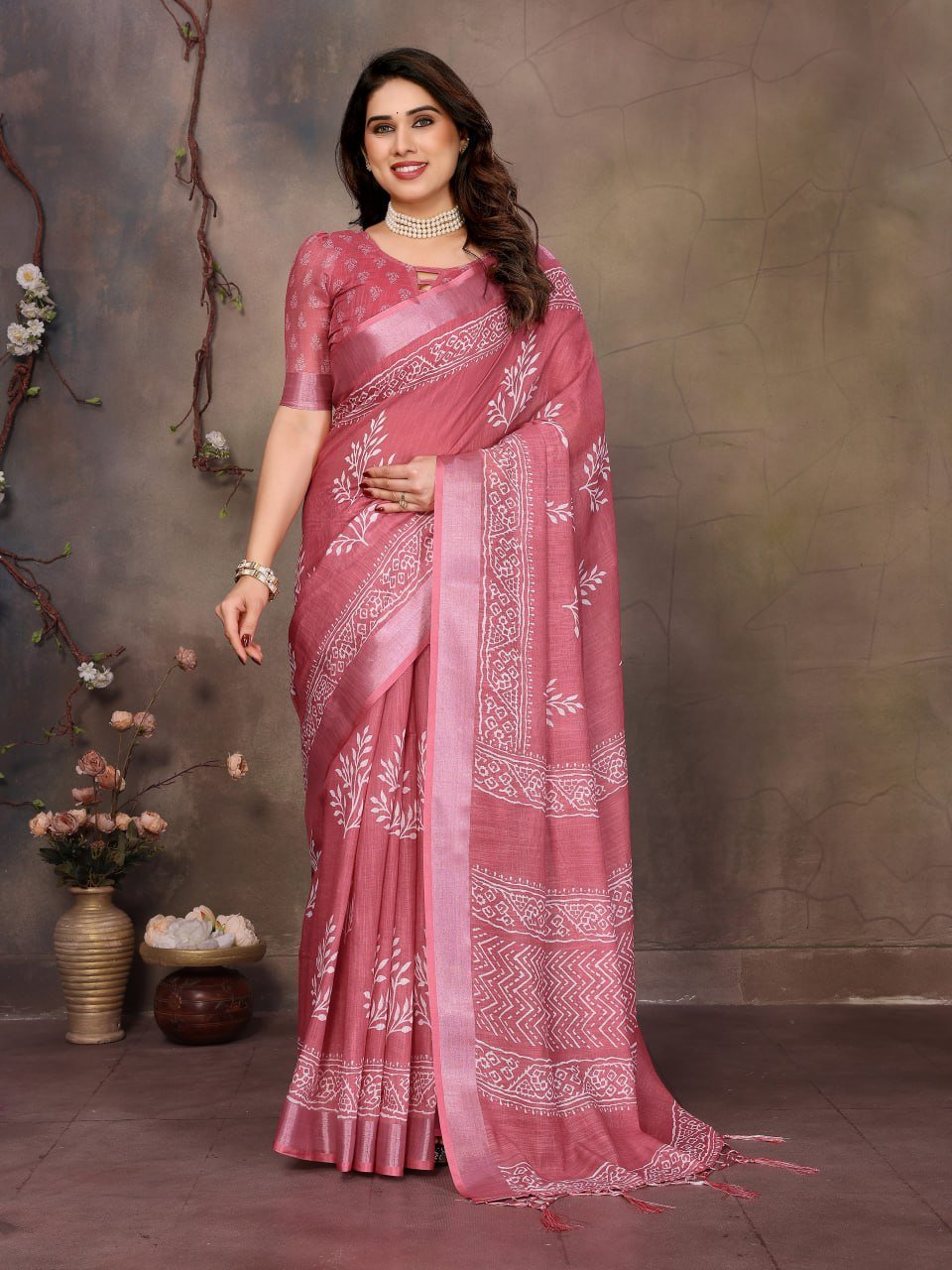 Pink Printed Cotton Linen Saree