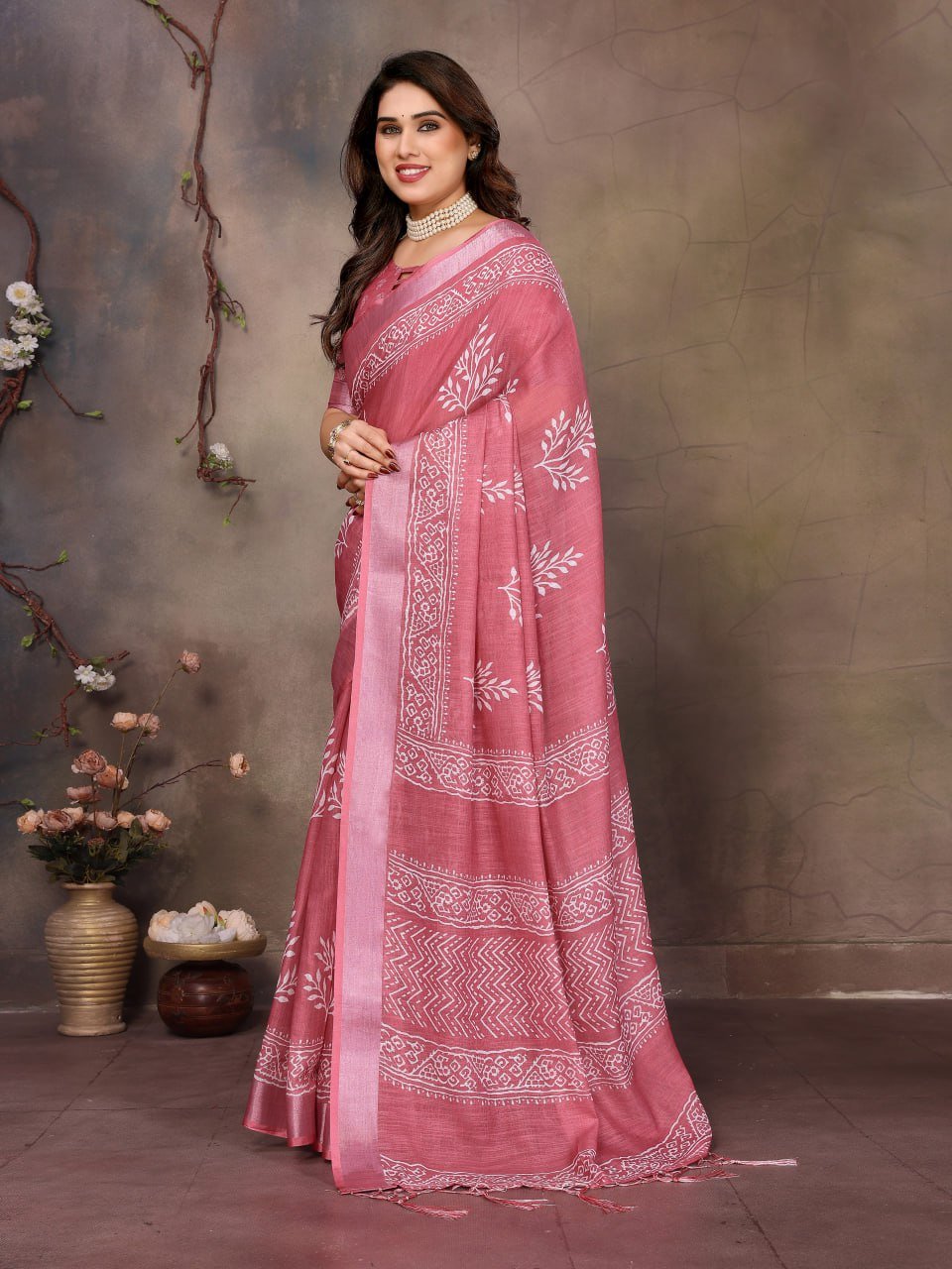 Pink Printed Cotton Linen Saree