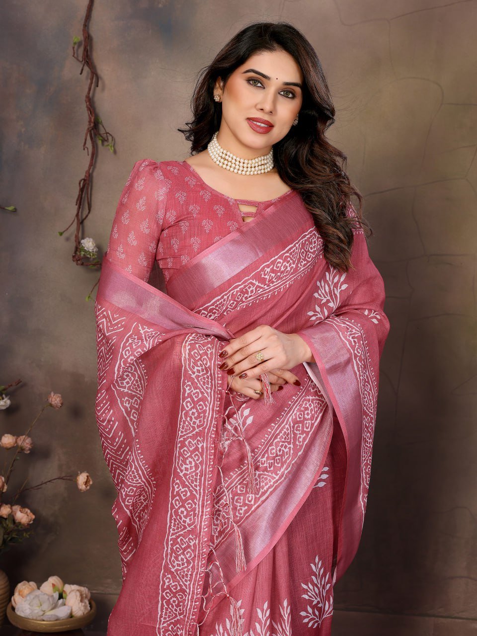 Pink Printed Cotton Linen Saree