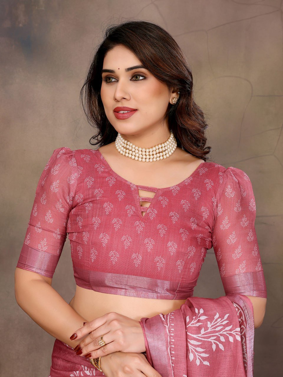 Pink Printed Cotton Linen Saree