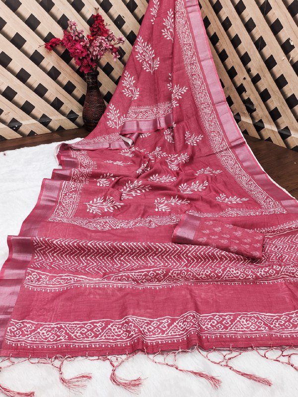Pink Printed Cotton Linen Saree
