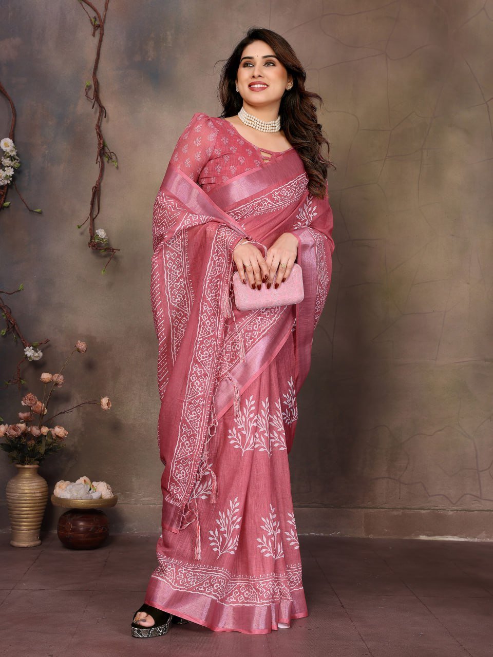 Pink Printed Cotton Linen Saree