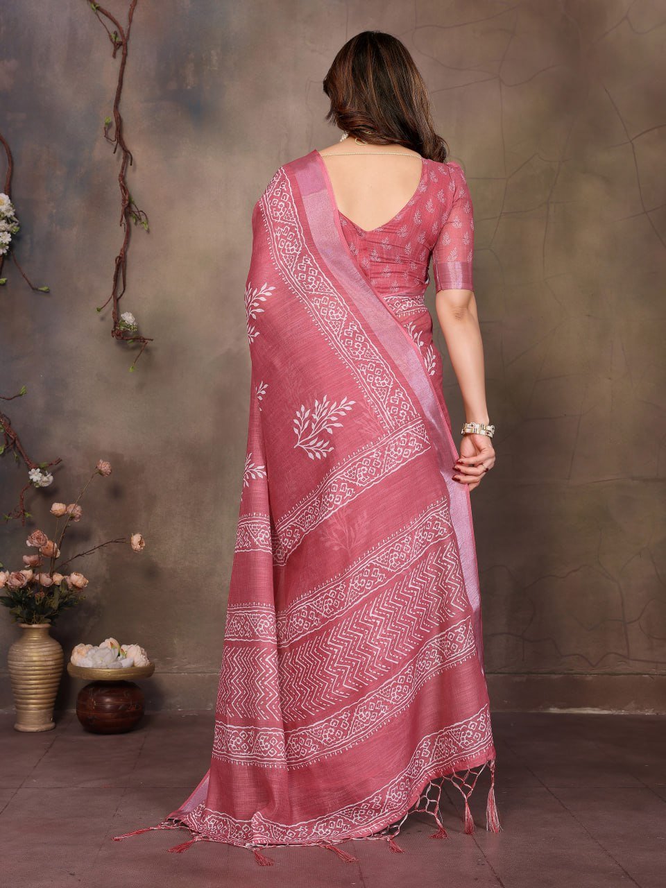 Pink Printed Cotton Linen Saree