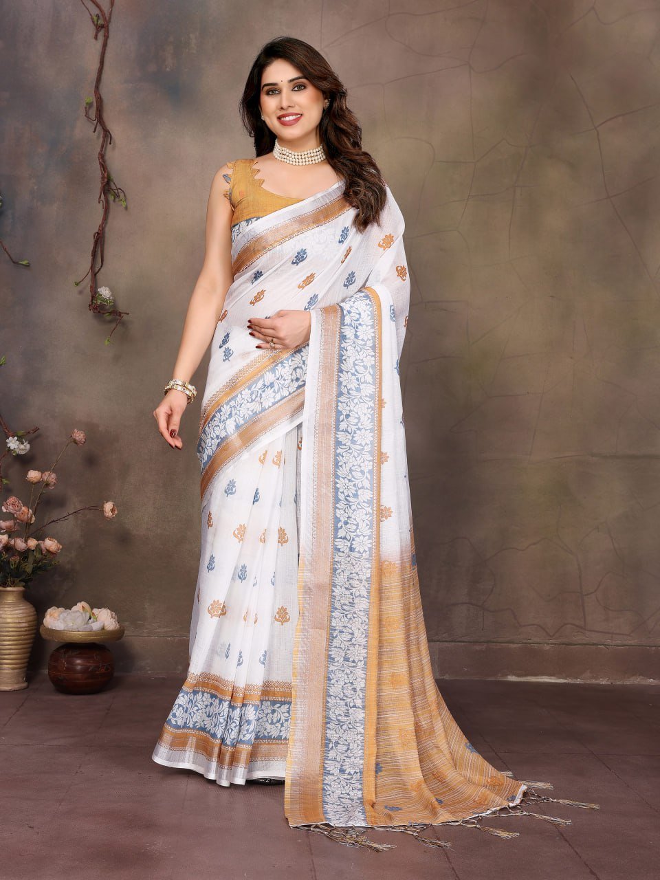 Golen And White Printed Cotton Linen Saree
