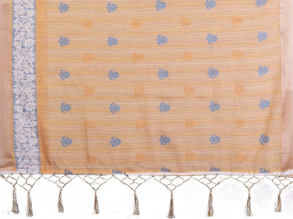 Golen And White Printed Cotton Linen Saree