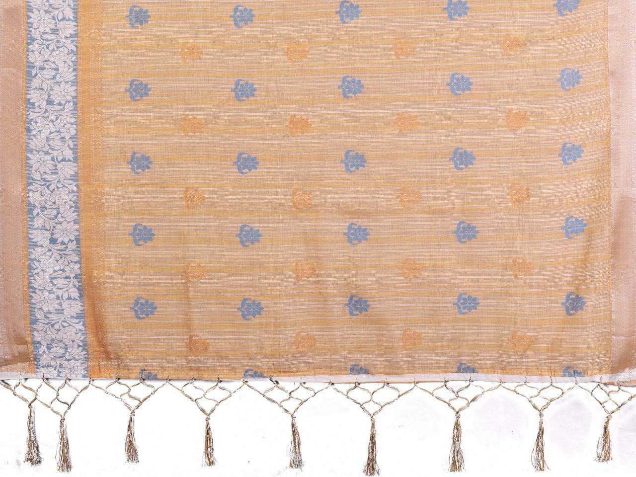 Golen And White Printed Cotton Linen Saree