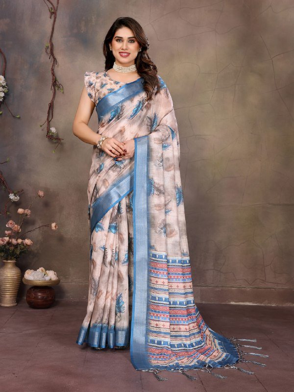 Butterfly Print With Cotton Linen Saree
