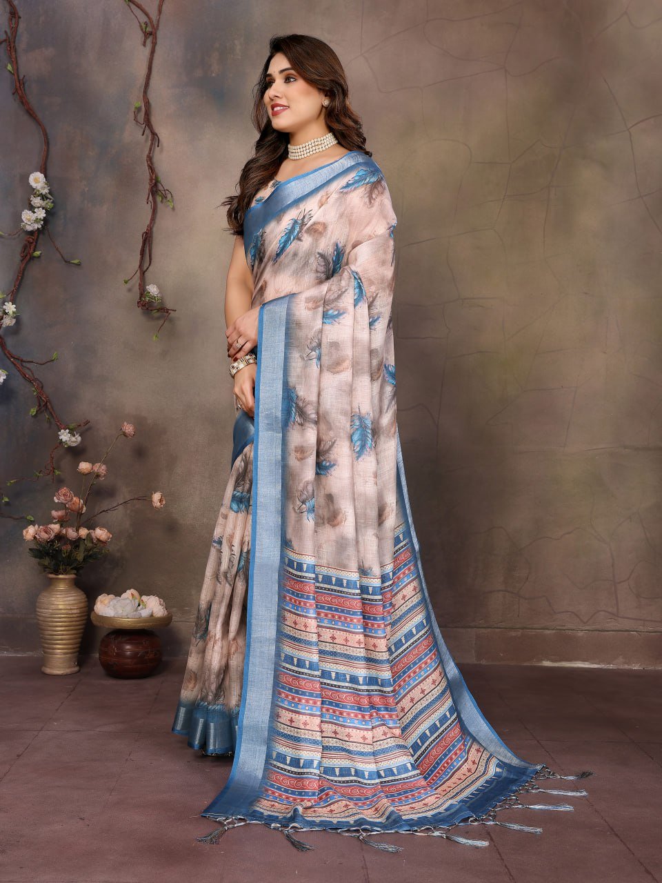 Butterfly Print With Cotton Linen Saree