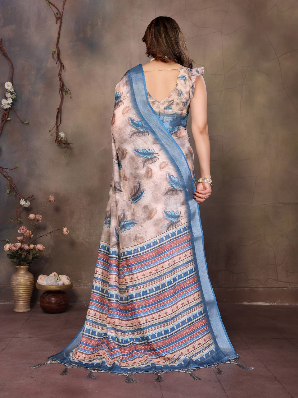 Butterfly Print With Cotton Linen Saree