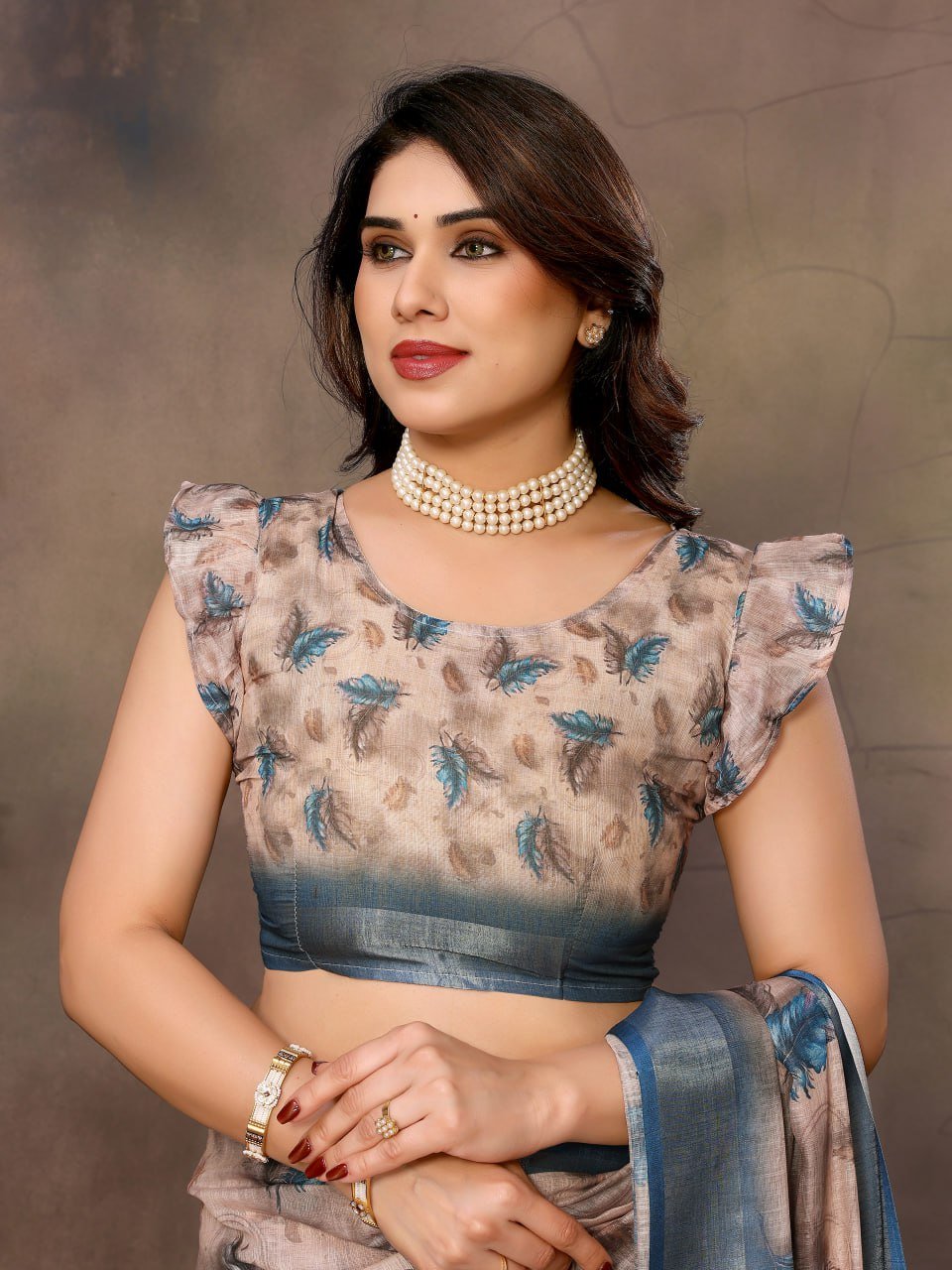 Butterfly Print With Cotton Linen Saree