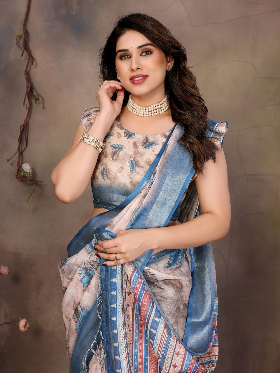 Butterfly Print With Cotton Linen Saree