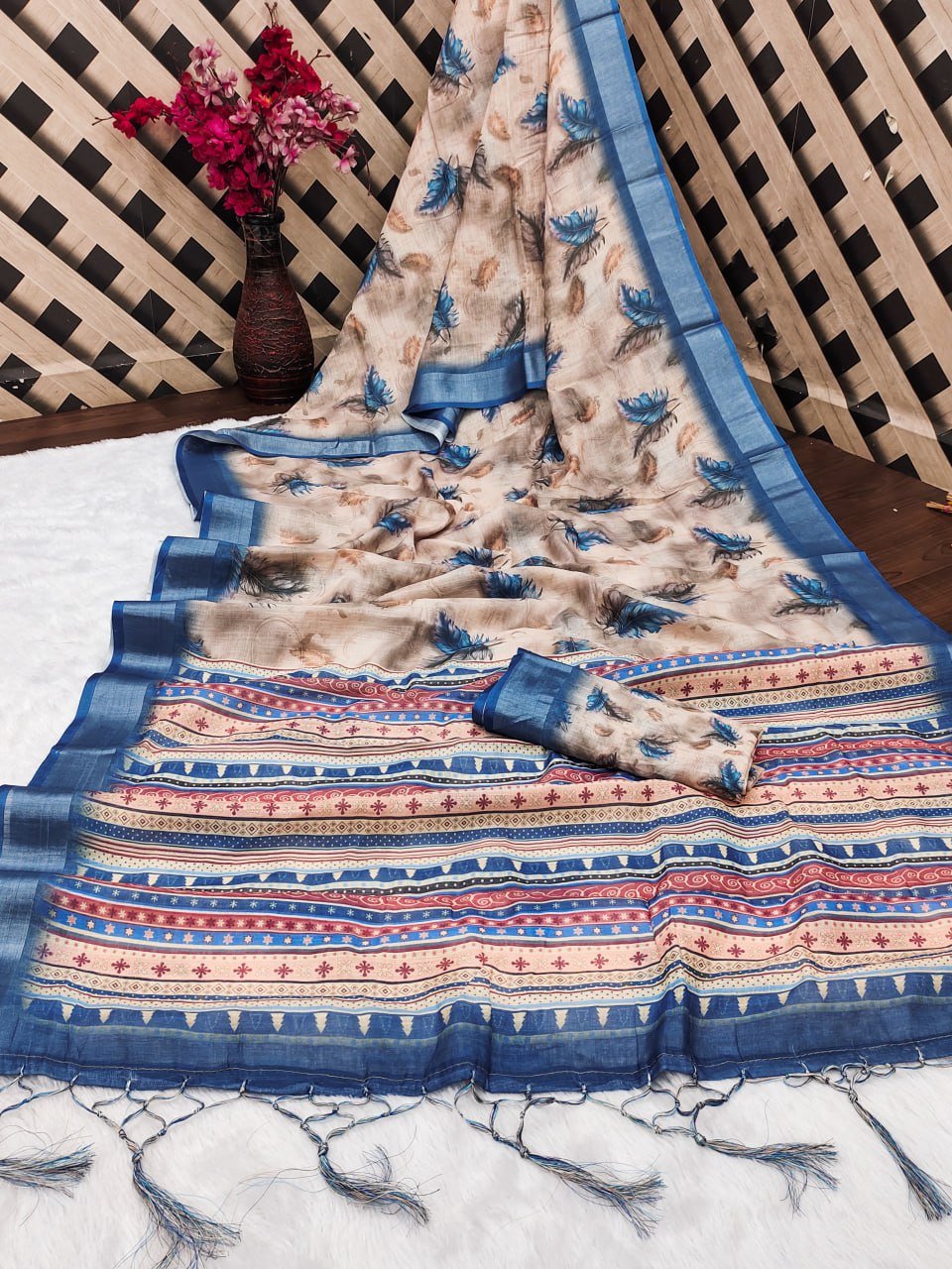 Butterfly Print With Cotton Linen Saree