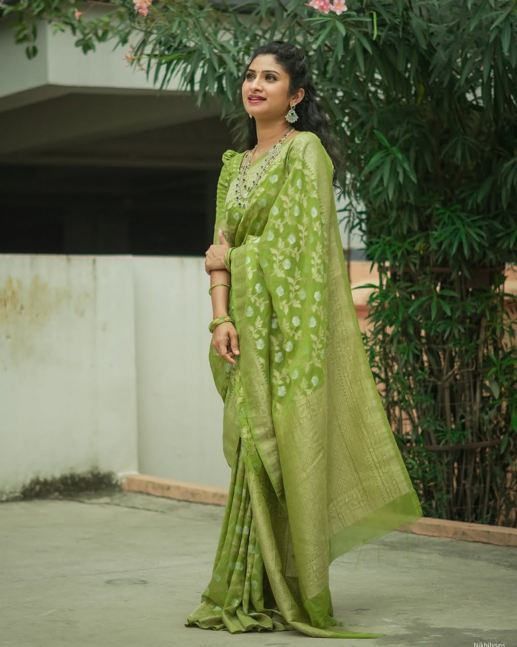 Leaf Green Banarasi Soft Silk Jacquard Border Saree