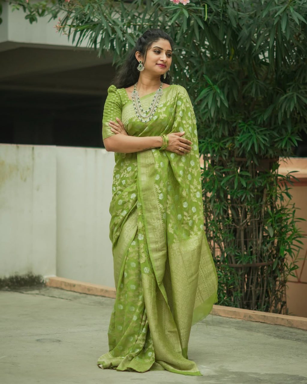 Leaf Green Banarasi Soft Silk Jacquard Border Saree