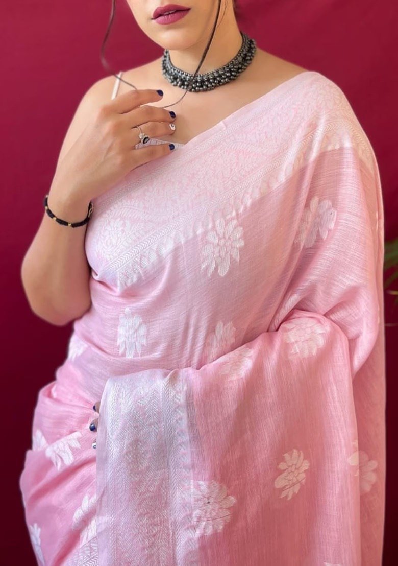 Light Pink Banarasi Soft Silk Jacquard Border Saree