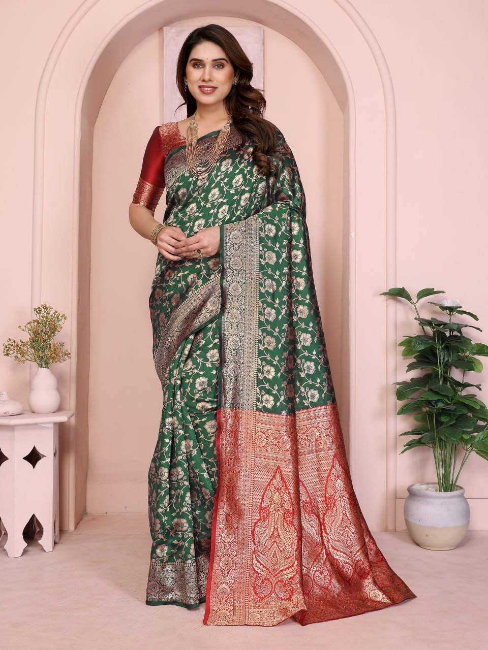 Green Red Banarasi Soft Silk Jacquard Border Saree