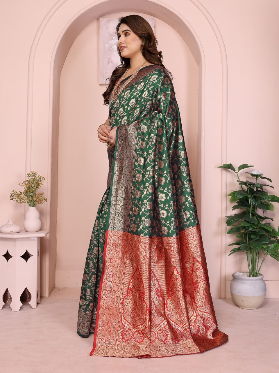 Green Red Banarasi Soft Silk Jacquard Border Saree