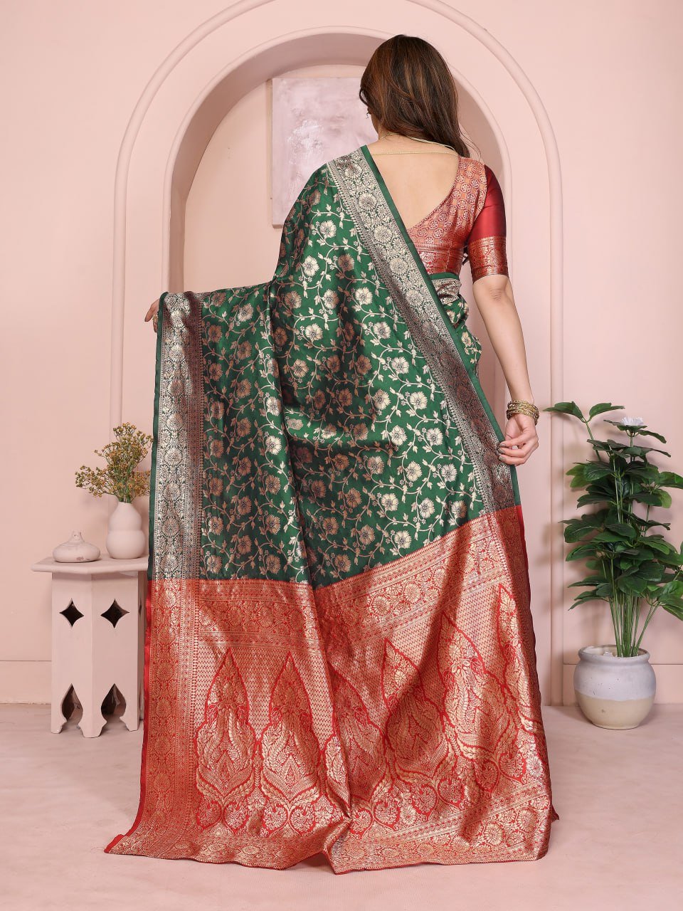 Green Red Banarasi Soft Silk Jacquard Border Saree