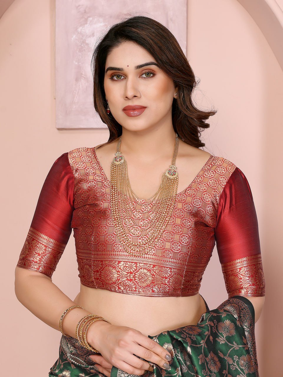 Green Red Banarasi Soft Silk Jacquard Border Saree