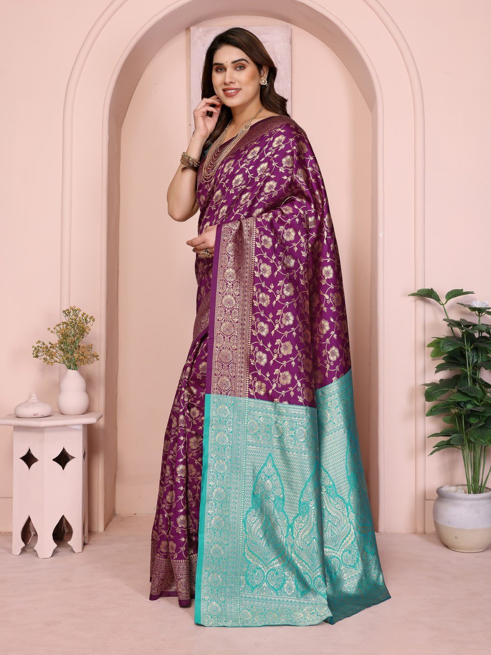 Purple And Turquoise Banarasi Soft Silk Jacquard Border Saree
