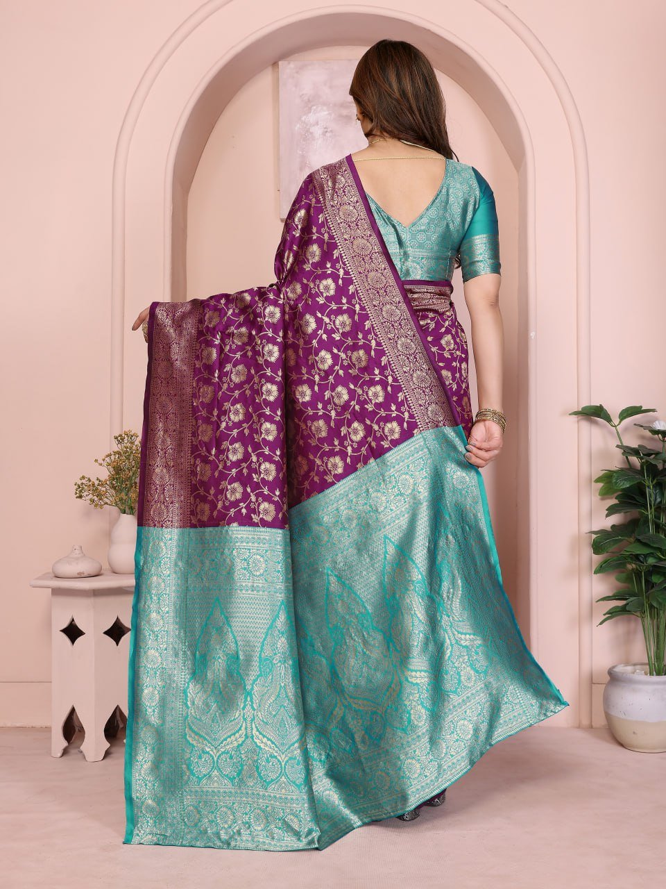 Purple And Turquoise Banarasi Soft Silk Jacquard Border Saree