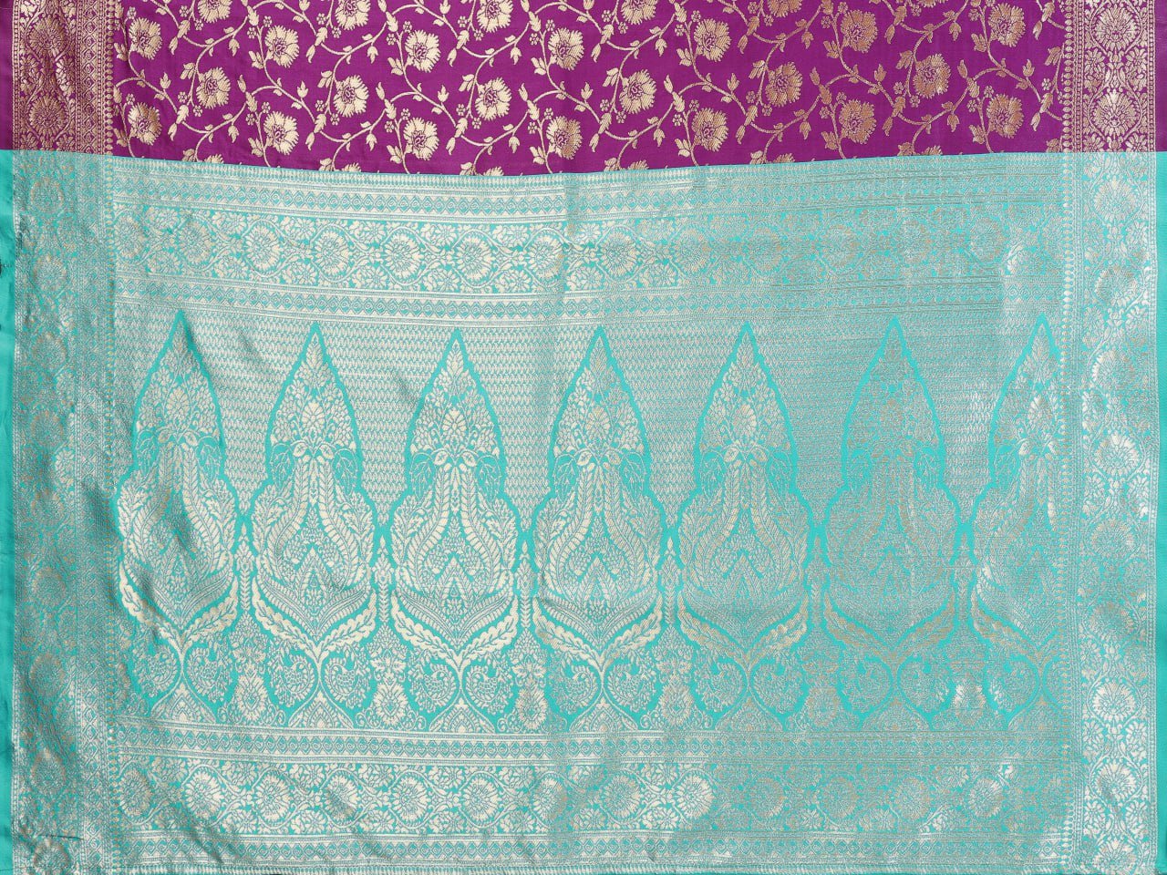 Purple And Turquoise Banarasi Soft Silk Jacquard Border Saree