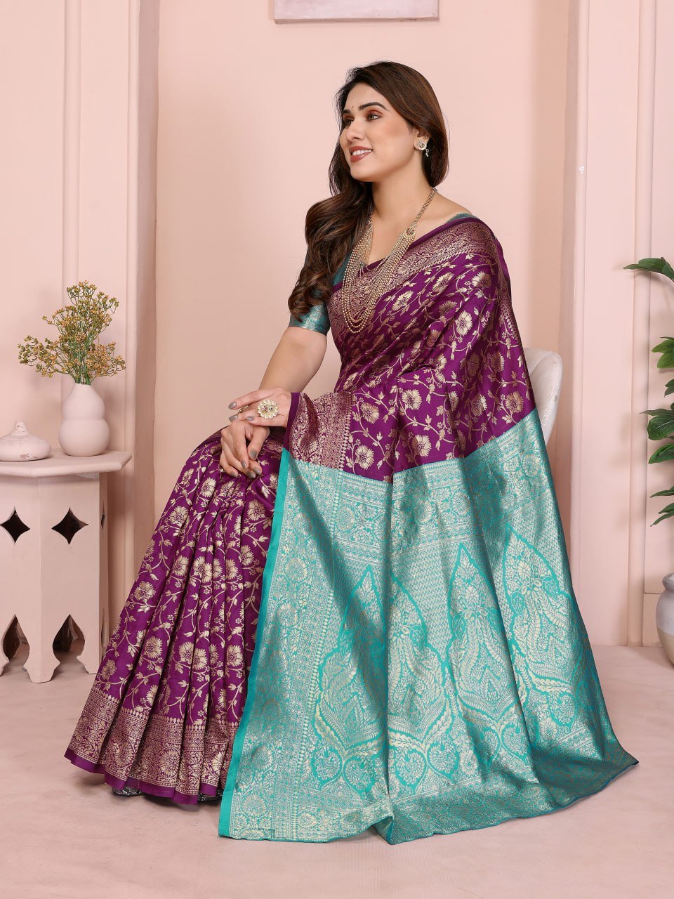 Purple And Turquoise Banarasi Soft Silk Jacquard Border Saree
