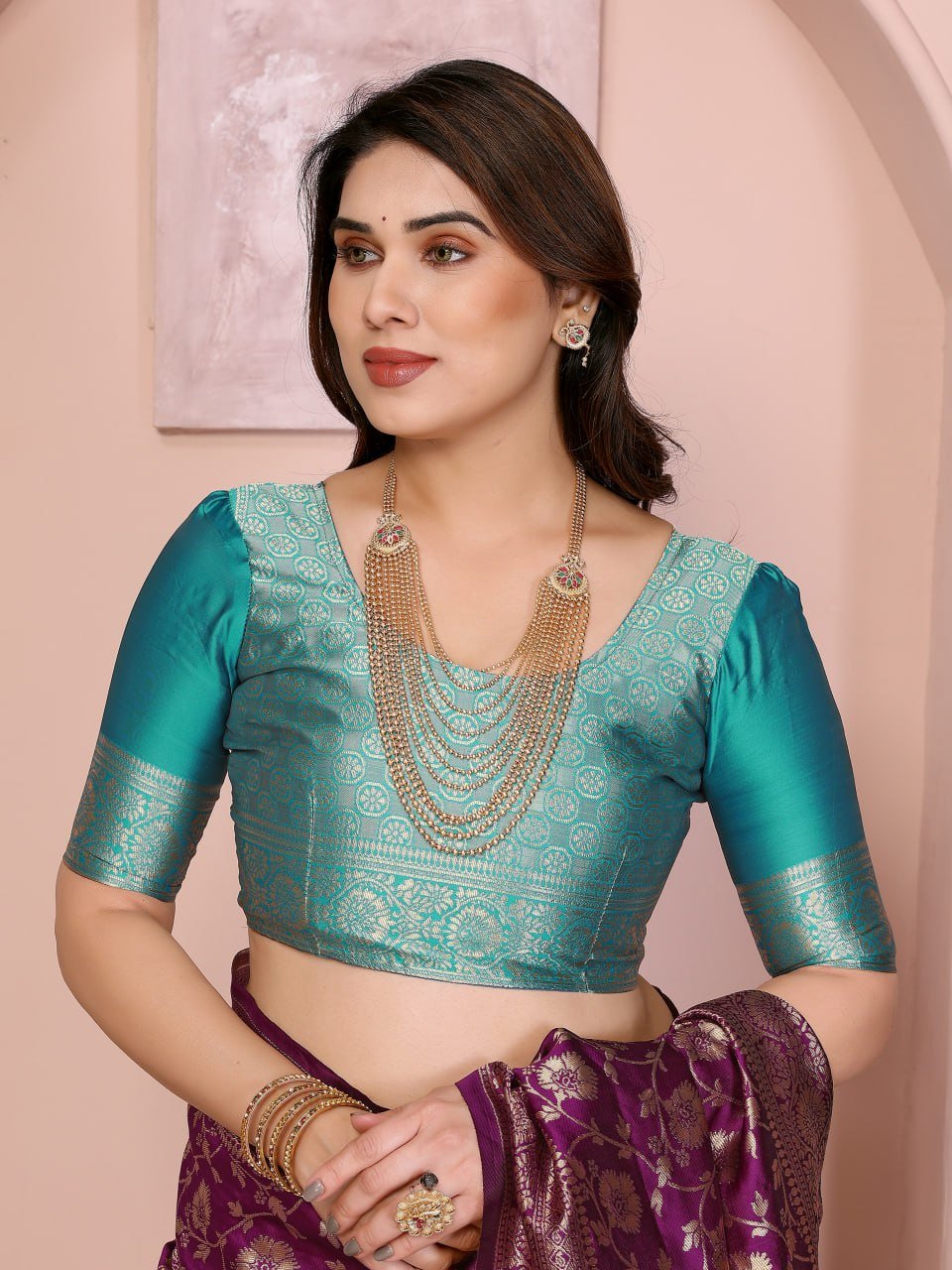 Purple And Turquoise Banarasi Soft Silk Jacquard Border Saree