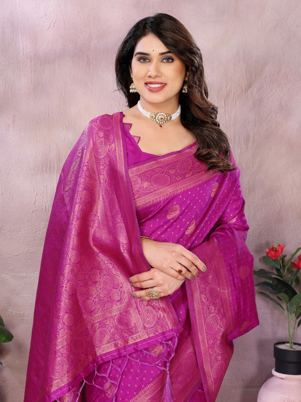 Pink Beautiful Banarasi Soft Silk Saree