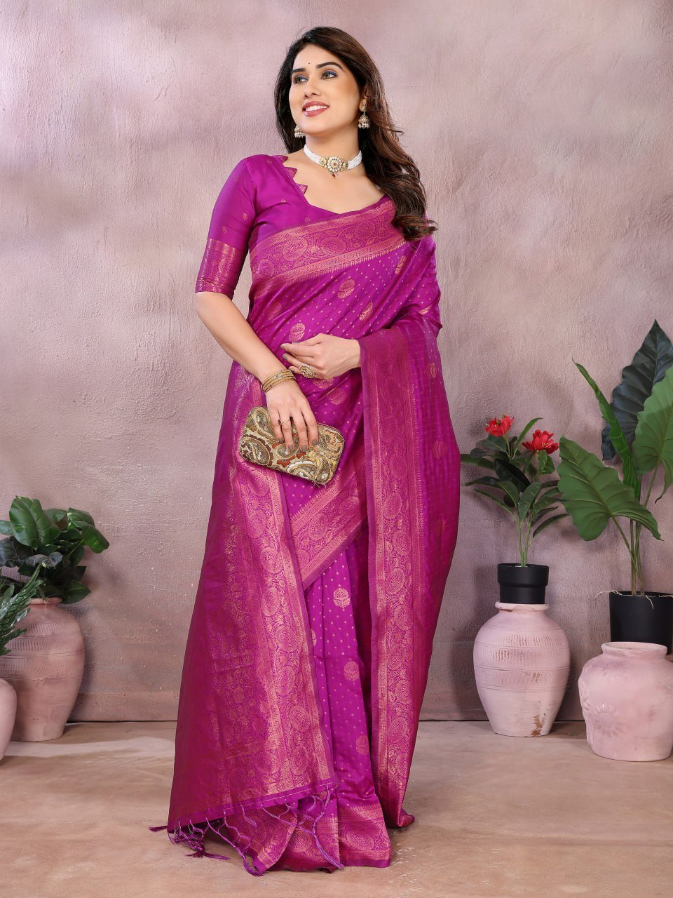 Pink Beautiful Banarasi Soft Silk Saree