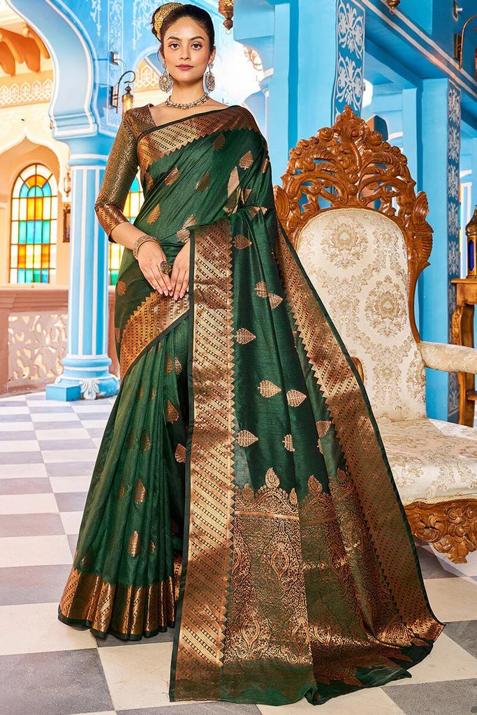 Dark Green Gold Beautiful Banarasi Soft Silk Saree