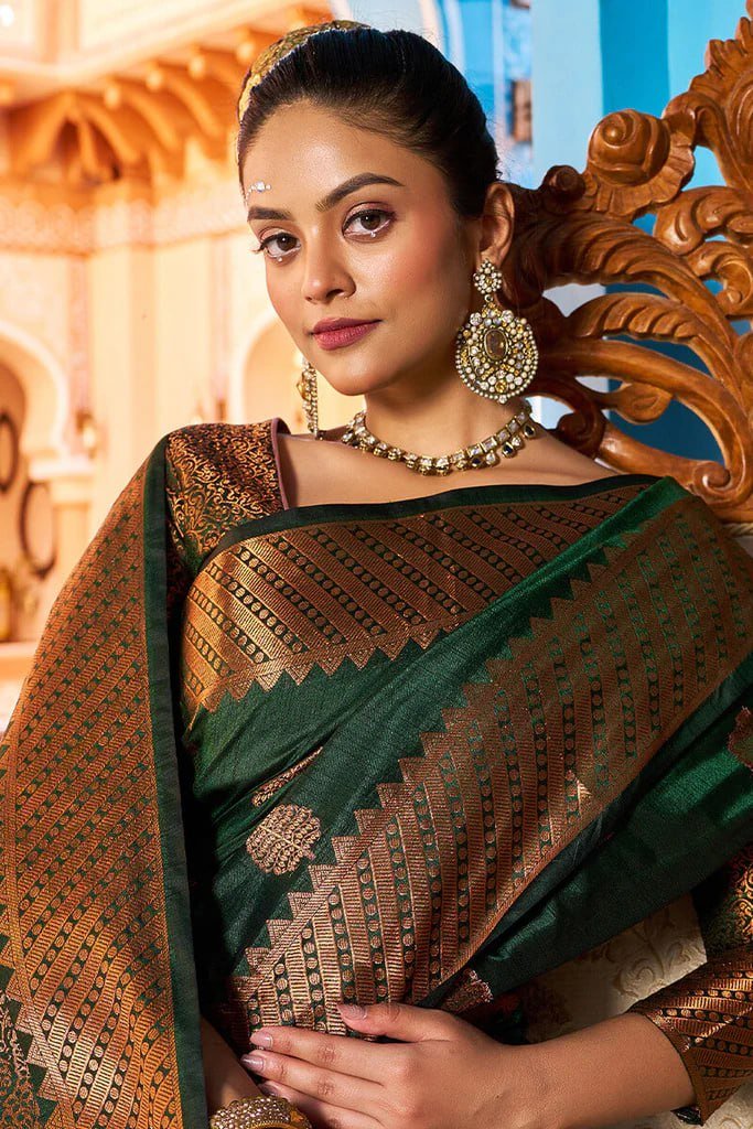 Dark Green Gold Beautiful Banarasi Soft Silk Saree