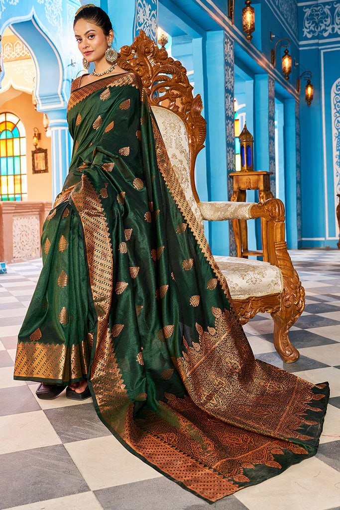 Dark Green Gold Beautiful Banarasi Soft Silk Saree