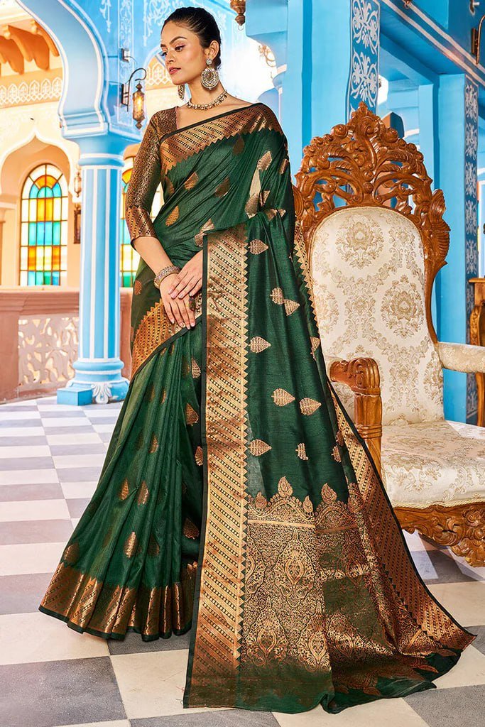 Dark Green Gold Beautiful Banarasi Soft Silk Saree