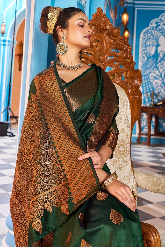 Dark Green Gold Beautiful Banarasi Soft Silk Saree