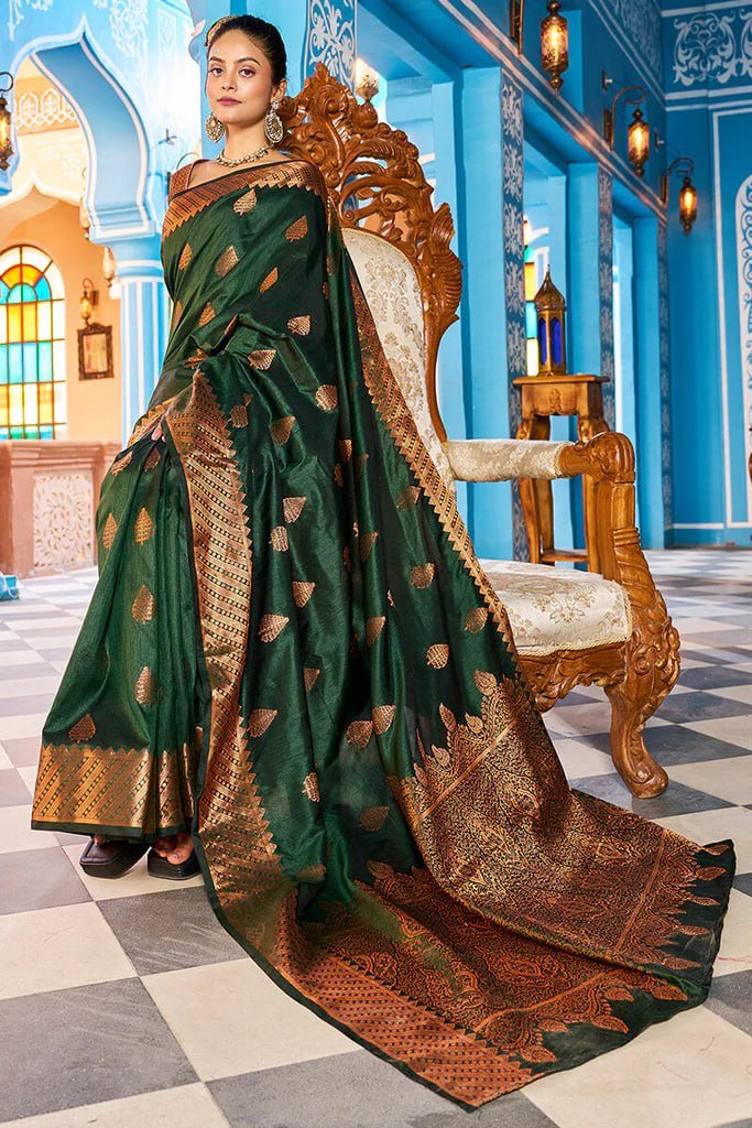 Dark Green Gold Beautiful Banarasi Soft Silk Saree