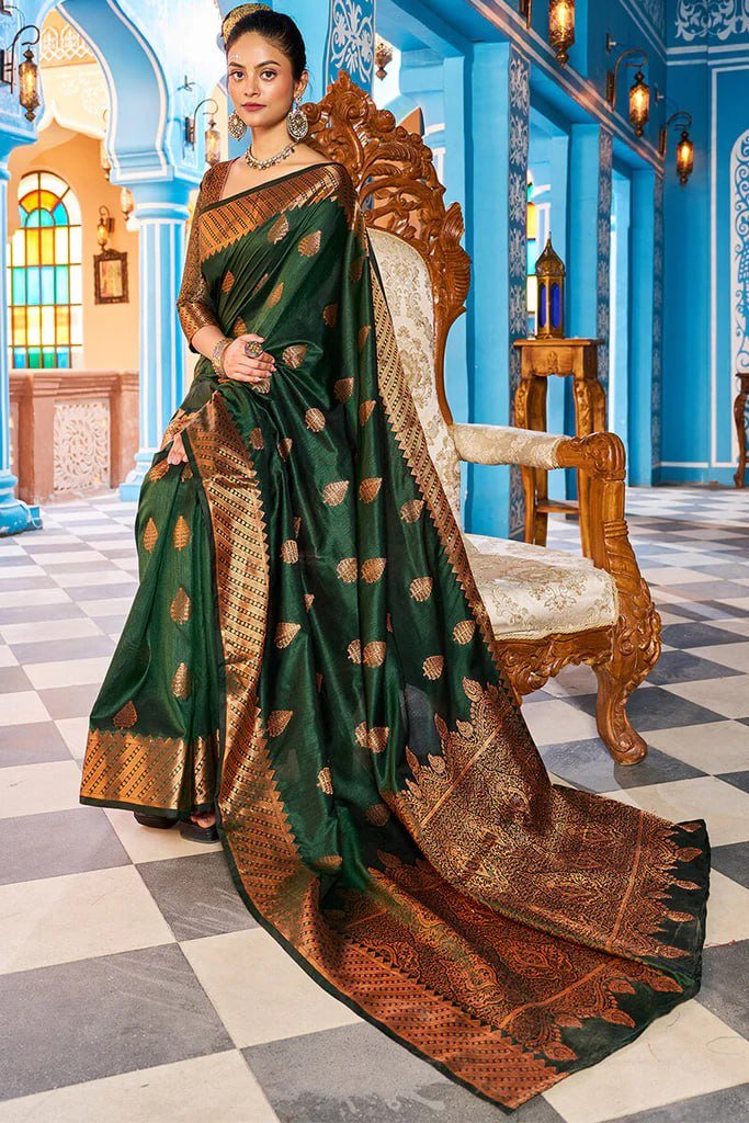 Dark Green Gold Beautiful Banarasi Soft Silk Saree