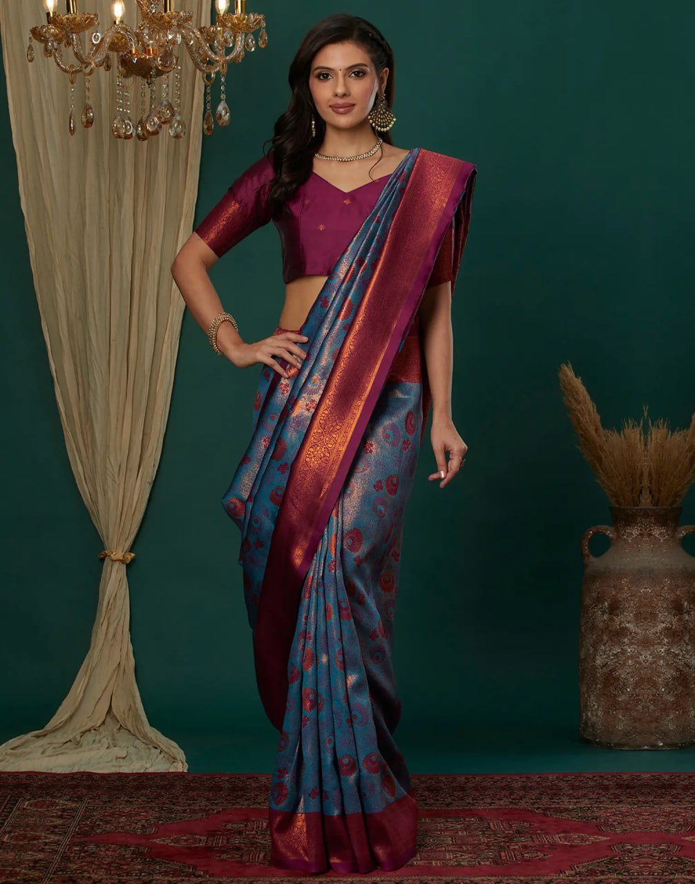 Sea Blue Beautiful Printed Banarasi Soft Silk Saree